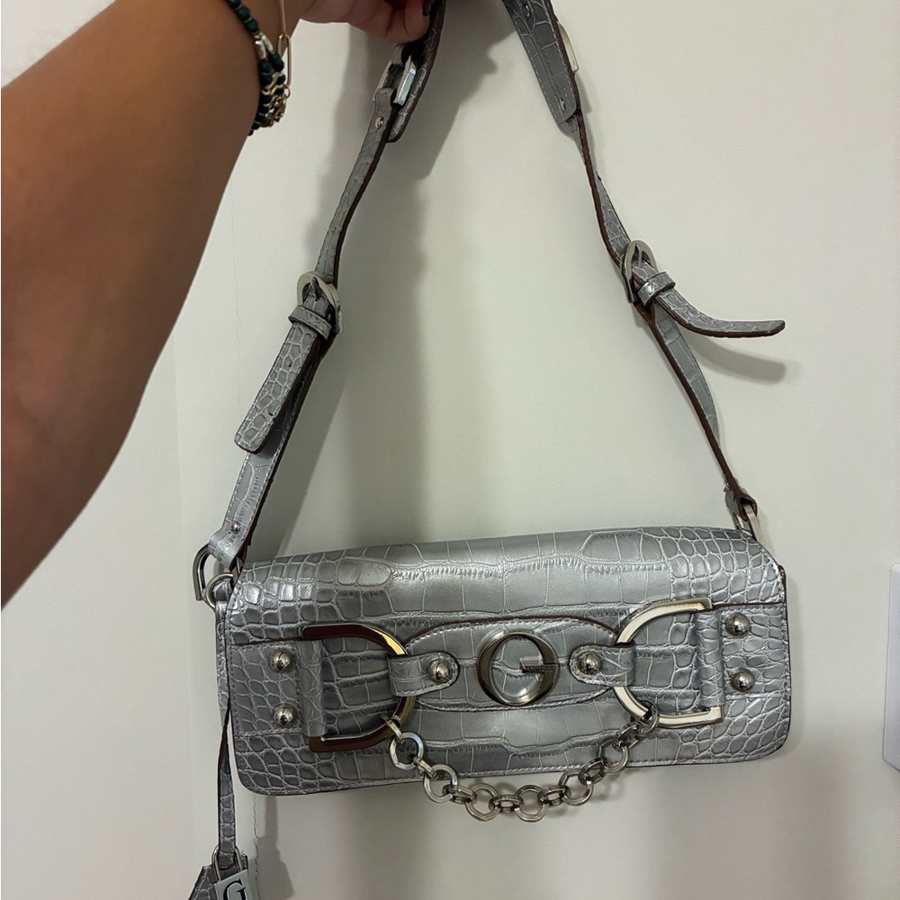 Guess Silver Metallic Shoulder Bag with Chain Accent